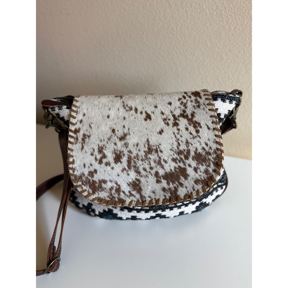 Myra Western Cowhide Hair On Hide Crossbody Bag Brown Leather Woven Aztec Boho